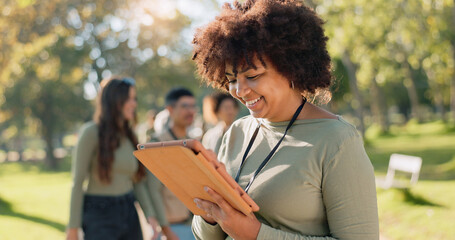 Black woman, tablet or smile in outdoor for reading or check, interview research for community...
