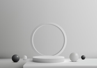 3D White Podium Surrounded by Black and White Balls with White Wall Background for Modern Product Display