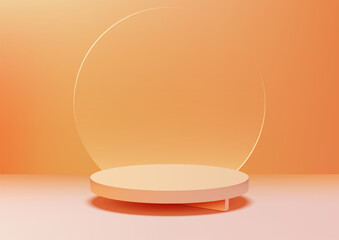 A minimalist orange toned podium with a circular transparent glass backdrop, in soft lighting. Ideal for product displays