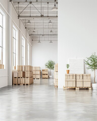 Warehouse interiors with ample spaces, natural light and copyspace.