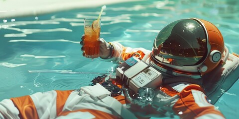 Fototapeta premium Astronaut floating in a pool with tropical drinks and inflatable rings Concept: summer relaxation, space vacation, tropical fun, poolside leisure, astronaut at rest. defocus