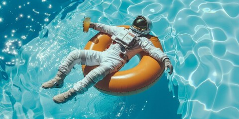 Astronaut floating in a pool with tropical drinks and inflatable rings Concept: summer relaxation, space vacation, tropical fun, poolside leisure, astronaut at rest. defocus