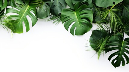 Isolate Dark green Monstera large leaves, philodendron tropical foliage plant growing in wild on white mable rock background concept for flat lay summer greenery leaf rainforest floral, generative ai