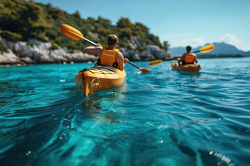 Friends kayaking near their yacht, exploring the clear blue waters during a summer vacation. The close-up shot captures their adventurous spirits and the stunning sea, with a picturesque island