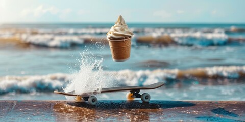 Ice cream cone flying off a skateboard splashing water by the seaside Concept: summer fun, playful creativity, beachside enjoyment, surreal adventure, travel. defocus