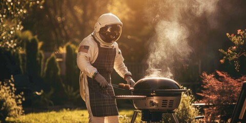cooking banner. Astronaut grilling burgers in a backyard garden Concept: outdoor cooking, space-themed barbecue, blending worlds, astronaut chef, backyard fun. defocus