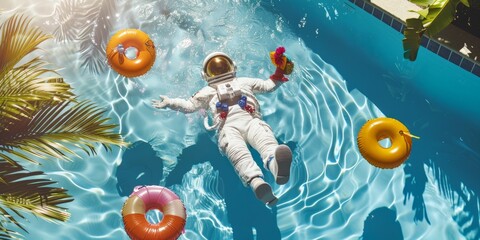travel banner. soft focus. Astronaut floating in a pool with tropical drinks and inflatable rings Concept: summer relaxation, space vacation, tropical fun, poolside leisure, astronaut at rest