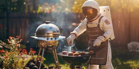 cooking banner. Astronaut grilling burgers in a backyard garden Concept: outdoor cooking, space-themed barbecue, blending worlds, astronaut chef, backyard fun. defocus