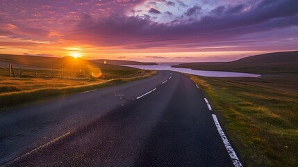 Naklejka premium UK, Scotland, Empty asphalt road in Shetland Islands at sunset