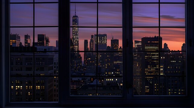 Fototapeta USA, New York, New York City, Midtown Manhattan at sunset seen through window