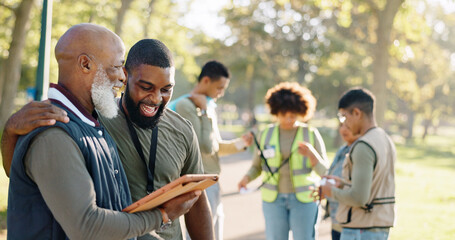 Park, people and volunteers checklist with tablet for support, community project or nature...