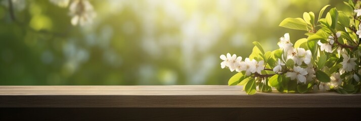banner Wooden table with blooming white flowers and green leaves against blurred nature background Concept: springtime, nature, floral arrangement, outdoor scenery, wooden surface. soft focus - Powered by Adobe