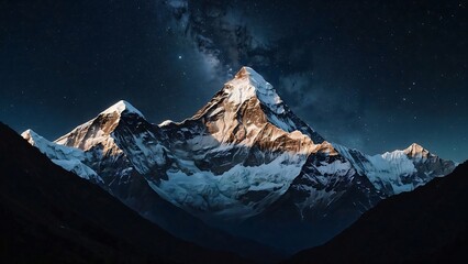 Panoramic view of great Himalayan range at evening, with the mountains glowing in the warm light of the starry night with a lot of stars