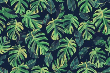 Fototapeta premium Minimalist Tropical Leaves Seamless Pattern,Elegant Monstera and Palm Leaf Design in Cool Blue Tones