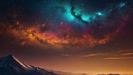 Panoramic view of great Himalayan range at evening, with the mountains glowing in the warm light of the starry night with a lot of stars