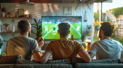 A group of male football fans at home watching a live football match on TV