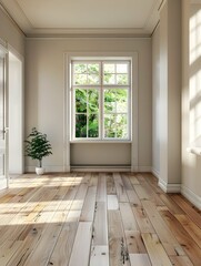Obraz premium Spacious empty living room with wooden flooring 