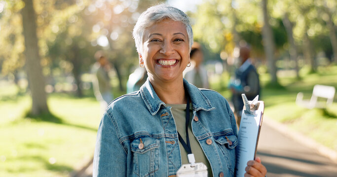 Charity, woman and portrait of volunteer with clipboard for waste checklist, inspection and community service. Female manager, park or nature for cleaning, nonprofit project and welfare with smile - Powered by Adobe