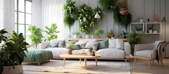 Natural concept living room interior with green ornamental plants