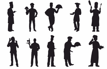 Chef, waiter and waitress silhouette collection. Restaurant staff silhouette.  
