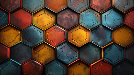 Alvéoles multicolores en relief en ardoise, motif texturé organique avec un effet futuriste d'hexagones, papier peint science-fiction