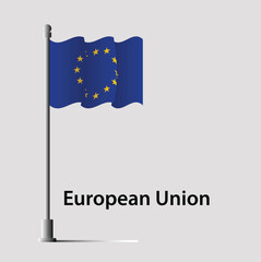 Waving flag of European Union on flagpole. Accurate dimensions and official colors.
