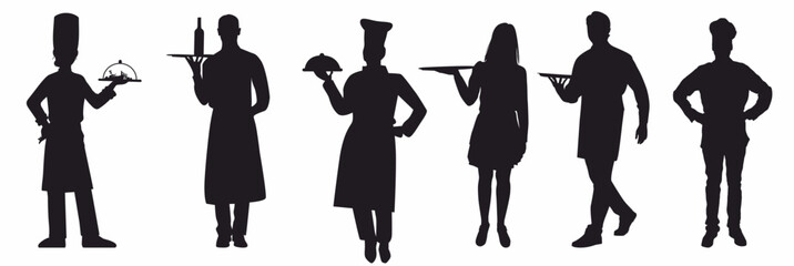 Set of chef, waiter and waitress silhouette. Restaurant staff collection silhouette. 