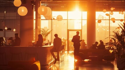Warm morning light illuminates a networking event with professionals during a coffee break at a modern office. - Powered by Adobe