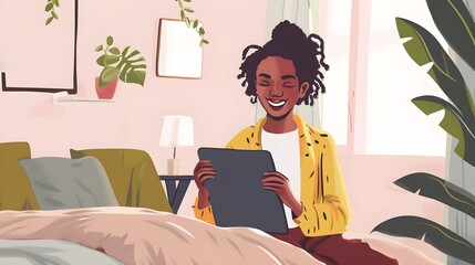 Smiling woman using tablet PC sitting on bed at home