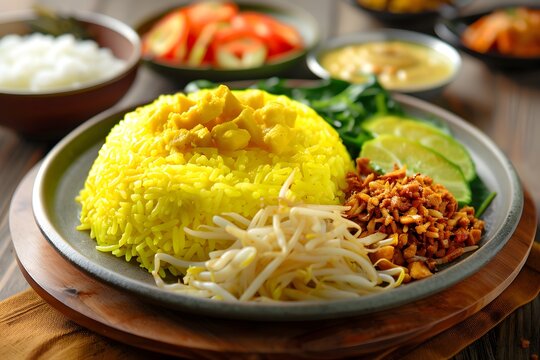 detail and specificity nasi kuning, a festive Indonesian rice dish colored with turmeric and served on special occasions. Depict the side dishes commonly served with nasi kuning
