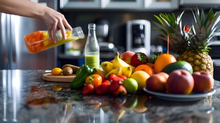 A high-resolution image of a person preparing a healthy smoothie with fresh fruits and vegetables in a modern kitchen. The background includes kitchen appliances and a bowl of colorful fruits on the
