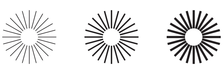Radial circle lines. Circular radiating lines geometric element. Sun star rays symbol. Abstract geometric shapes. Design element. Vector illustration isolated on white background.