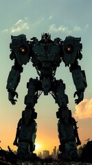 silhouette of a robot transitioning into a beast mode postapocalyptic theme top view in a ruined landscape advanced tone colored pastel