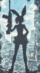silhouette of bunny girl armed with a bazooka postapocalyptic theme top view in a ruined cityscape advanced tone colored pastel