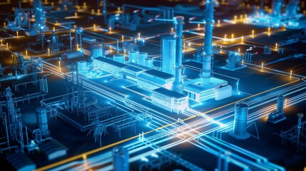 Fototapeta premium A futuristic digital visualization of an industrial plant with glowing lights and vivid blue tone
