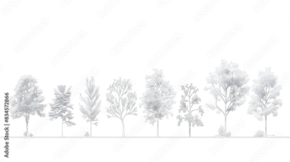 Wall mural minimal style cad tree line drawing, side view, set of graphics trees elements outline symbol for ar