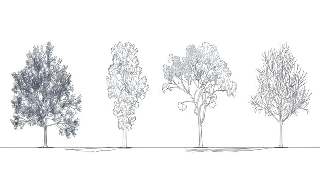 Minimal style cad tree line drawing, Side view, set of graphics trees elements outline symbol for architecture and landscape design drawing. 