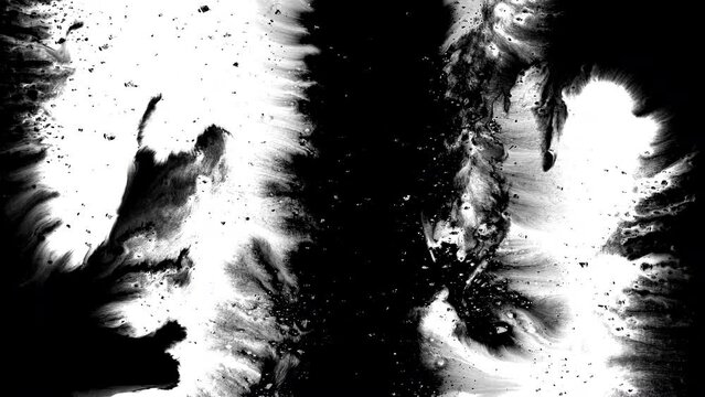 Black ink artistic abstract grunge background flow splatter spots spills white paper beautiful reveal dripping streaks spread fluid ink alpha matte isolated watercolor ink drops transition	
