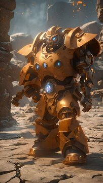 A futuristic robotic figure stands amidst rubble, its armor adorned with glowing blue elements