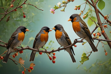 A close up of a group of small birds on a bench - Powered by Adobe