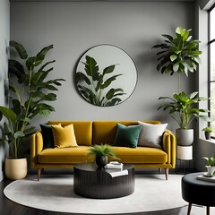 "Living room or reception room with a velvet yellow mustard color sofa. Empty gray wall background for art painted. Modern lounge interior design for office, hotel, or lounge with bright furniture. 3D
