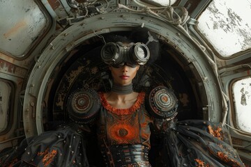 A woman in futuristic attire sits in a decaying, metallic structure, her expression both mysterious and powerful.