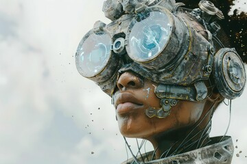 A close-up portrait of a woman wearing futuristic goggles, her face partially obscured by the reflective lenses. The image conveys a sense of mystery and technological advancement.