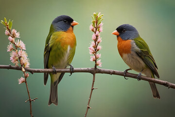 A pair of a tiny little birds on a bench of a tree