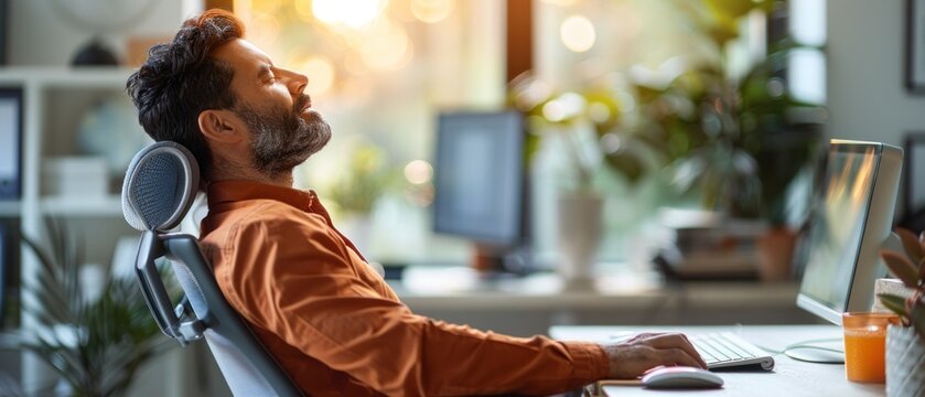 An immaculate desk setup with only a keyboard and mouse, portraying professionalism, contrasts with the figure slouching in their chair, a grimace indicating the discomfort of neck tension.