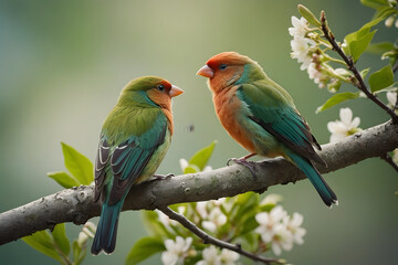 A pair of a tiny little birds on a bench of a tree