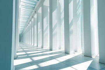 Fototapeta premium Airy widescreen minimalistic white and light blue architectural background banner with tilted columns, AI-generated