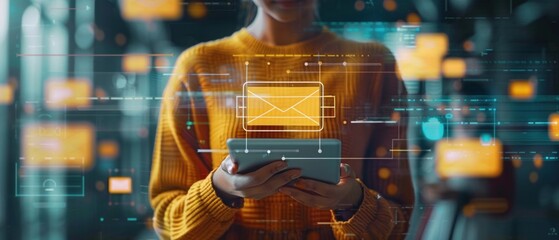 Fototapeta premium A minimalist digital interface showcasing an empty email inbox, symbolizing efficiency, juxtaposed with a person holding their wrist
