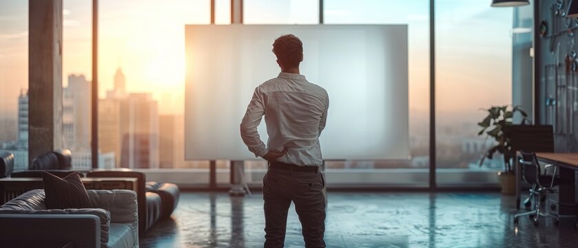 In a sparsely decorated office space, a figure stands before a blank presentation board, their hand on their lower back, silently conveying the discomfort of back pain.