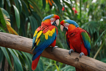 A pair of lovely parrots on a bench